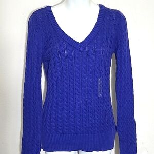 Arizona Jean Co V-Neck Fisherman Sweater L Marine Blue Aran Cable Knit NWT